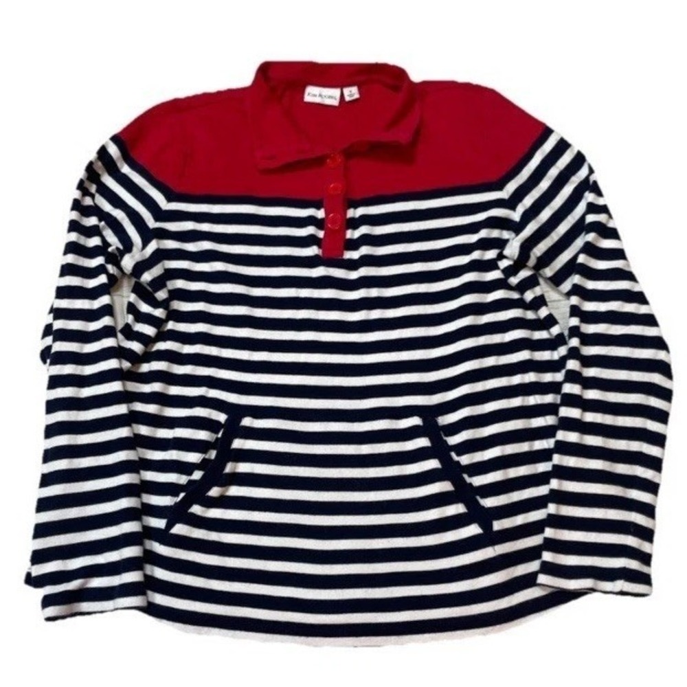 Kim Rogers Nautical Red White Navy Blue Mock Neck Coastal Pullover Top Woman's S